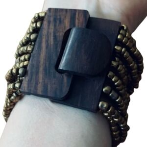 Morocco Carved Chunky Wood Clasp Bracelet Bronze Beads Chunky Brown Bead Cuff